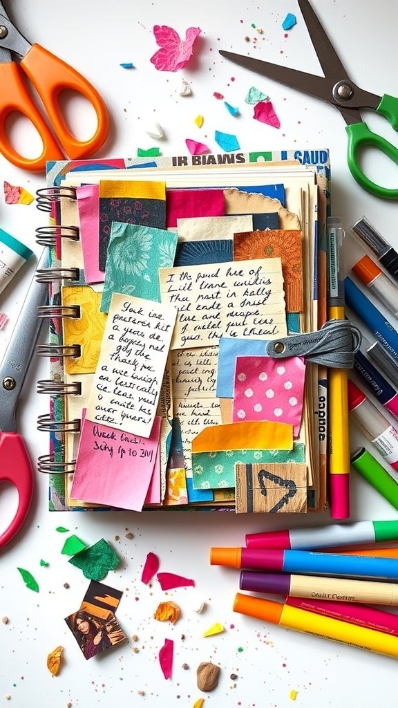 A vibrant junk journal with mixed media pages, surrounded by crafting supplies.